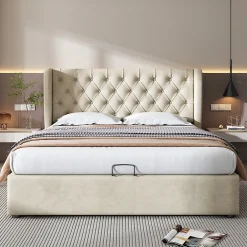 Okwish Lit coffre 160x200 cm - Lit double avec sommier à lattes et coffre hydraulique - Velours - Sans Matelas - Beige Discount