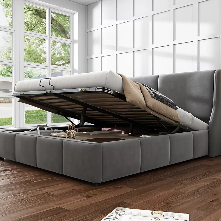 Okwish Lit coffre 140x200 cm - Lit double capitonné avec tête de lit oreille - Velours - Sans Matelas - Gris Online