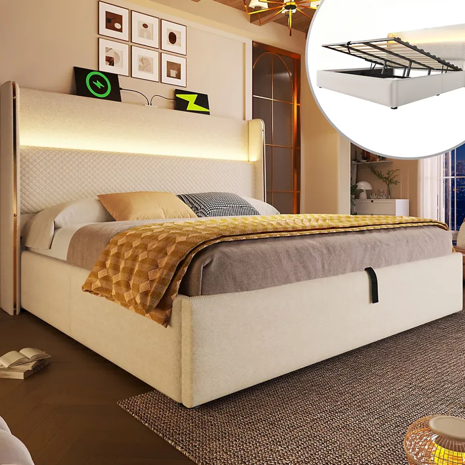 Okwish Lit Coffre 160x200 cm - Lit Double avec Sommier Relevable et Rangement - Ports USB Type-C - Tissu Lin Beige - Sans Matelas Outlet