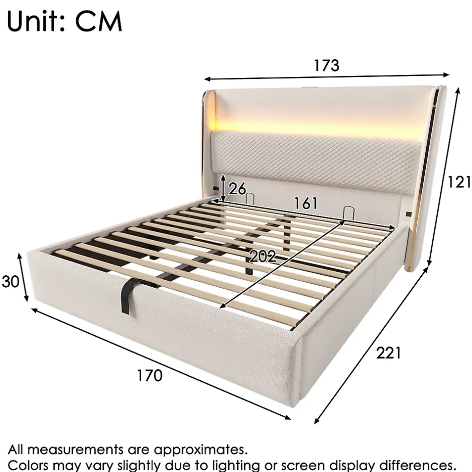 Okwish Lit Coffre 160x200 cm - Lit Double avec Sommier Relevable et Rangement - Ports USB Type-C - Tissu Lin Beige - Sans Matelas Outlet