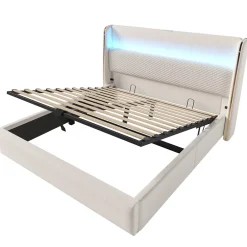 Okwish Lit Coffre 160x200 cm - Lit Double avec Sommier Relevable et Rangement - Ports USB Type-C - Tissu Lin Beige - Sans Matelas Outlet
