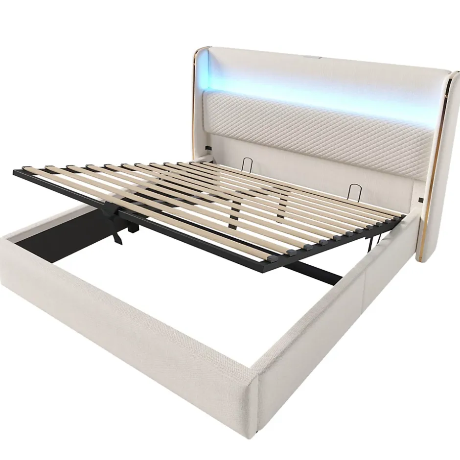 Okwish Lit Coffre 160x200 cm - Lit Double avec Sommier Relevable et Rangement - Ports USB Type-C - Tissu Lin Beige - Sans Matelas Outlet