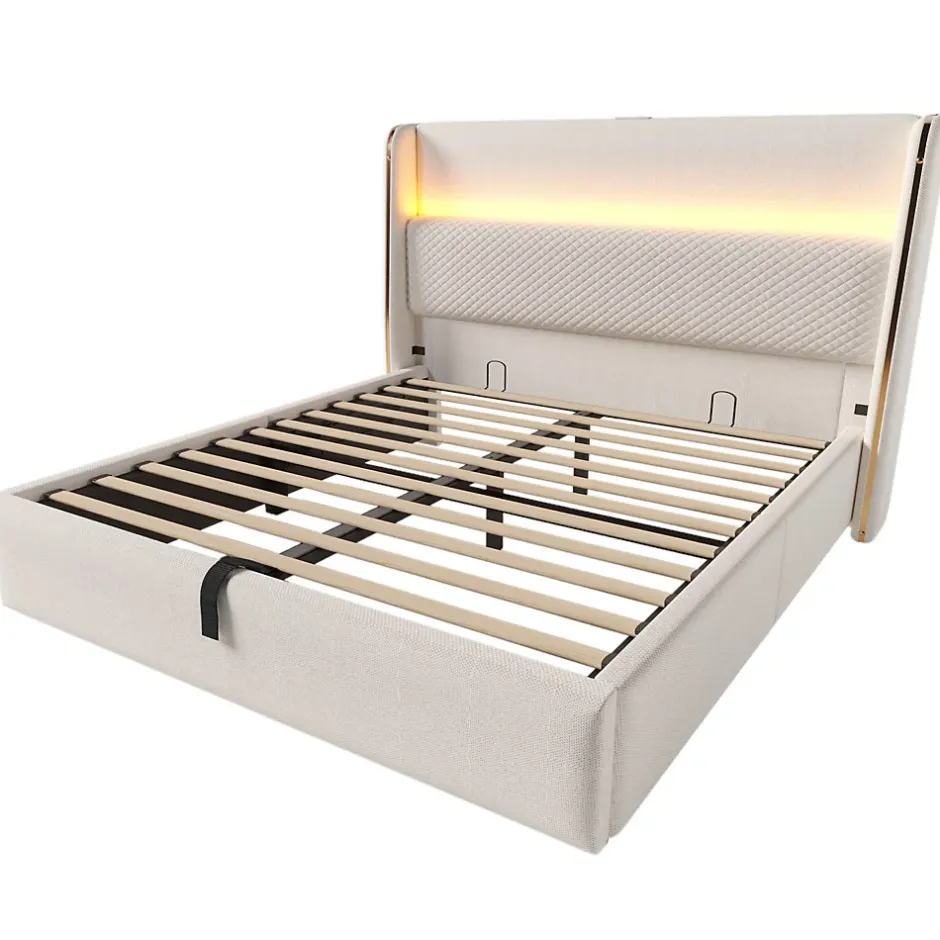Okwish Lit Coffre 160x200 cm - Lit Double avec Sommier Relevable et Rangement - Ports USB Type-C - Tissu Lin Beige - Sans Matelas Outlet