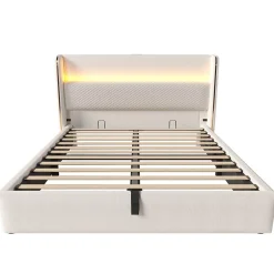 Okwish Lit Coffre 160x200 cm - Lit Double avec Sommier Relevable et Rangement - Ports USB Type-C - Tissu Lin Beige - Sans Matelas Outlet