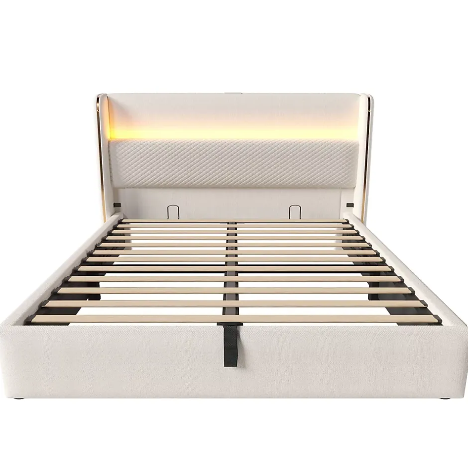 Okwish Lit Coffre 160x200 cm - Lit Double avec Sommier Relevable et Rangement - Ports USB Type-C - Tissu Lin Beige - Sans Matelas Outlet