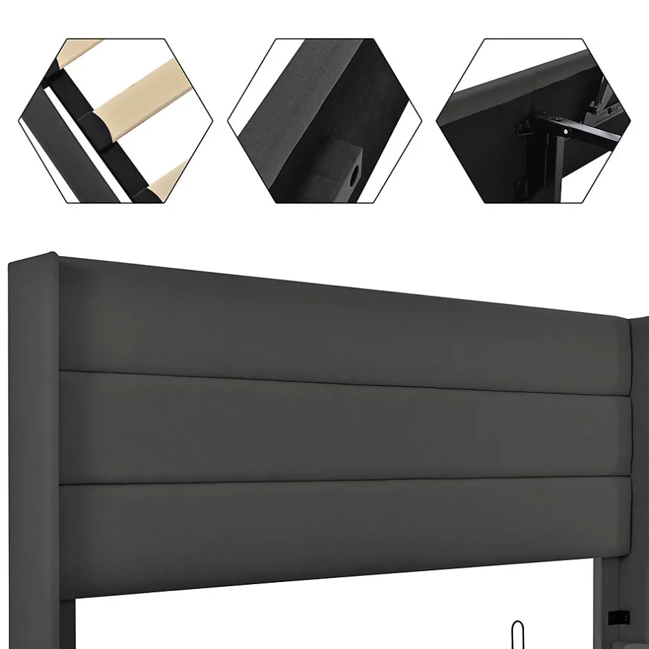 Okwish Lit coffre 160x200 cm - Lit double rembourré Gris avec sommier à lattes - Lin - Sans Matelas