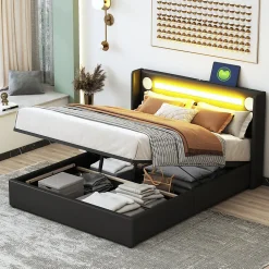 Okwish Lit Coffre 140x200 cm - Lit Double capitonné avec LED, Bluetooth et USB, Coffre en Simili Cuir Noir