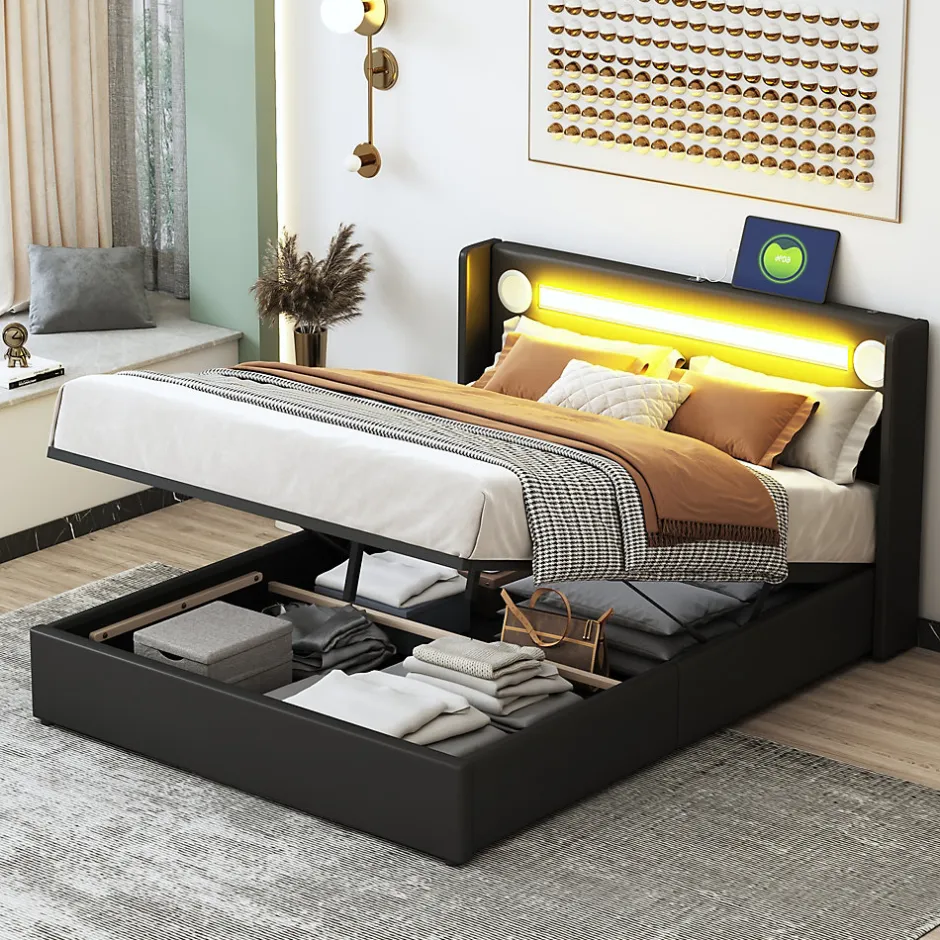 Okwish Lit Coffre 140x200 cm - Lit Double capitonné avec LED, Bluetooth et USB, Coffre en Simili Cuir Noir