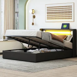 Okwish Lit Coffre 140x200 cm - Lit Double capitonné avec LED, Bluetooth et USB, Coffre en Simili Cuir Noir
