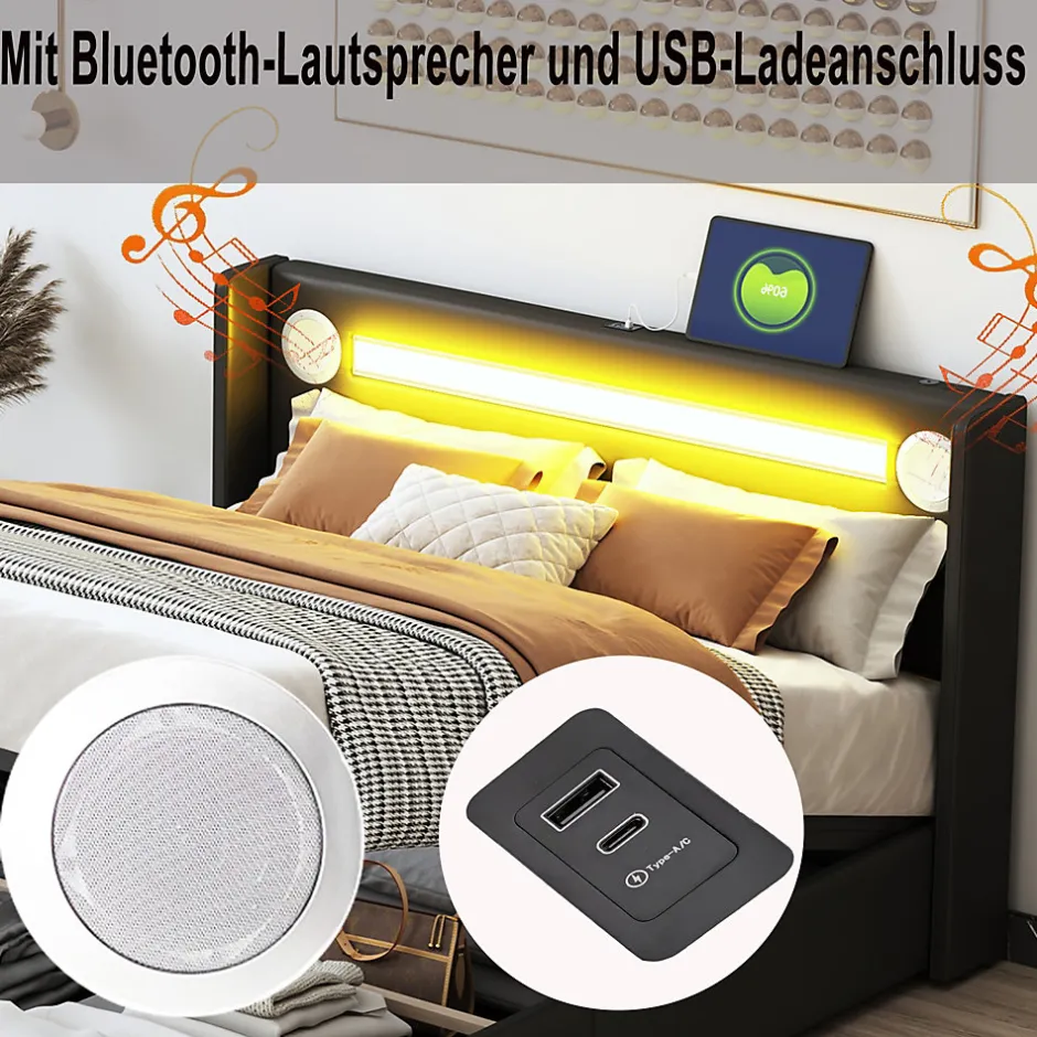 Okwish Lit Coffre 140x200 cm - Lit Double capitonné avec LED, Bluetooth et USB, Coffre en Simili Cuir Noir