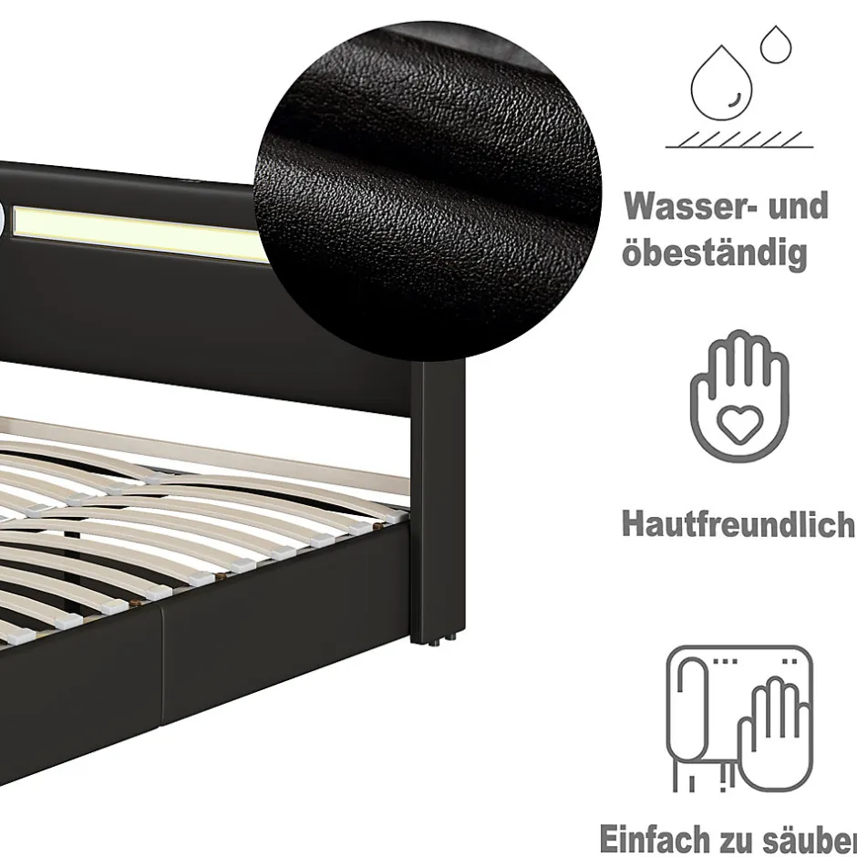 Okwish Lit Coffre 140x200 cm - Lit Double capitonné avec LED, Bluetooth et USB, Coffre en Simili Cuir Noir