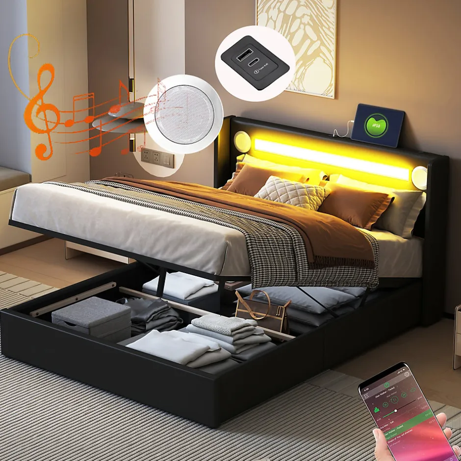Okwish Lit Coffre 140x200 cm - Lit Double capitonné avec LED, Bluetooth et USB, Coffre en Simili Cuir Noir