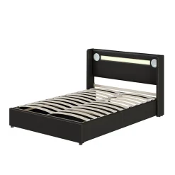 Okwish Lit Coffre 140x200 cm - Lit Double capitonné avec LED, Bluetooth et USB, Coffre en Simili Cuir Noir