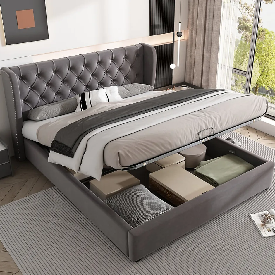 Generique Lit coffre 140x200 cm - Lit double avec sommier à lattes et Coffre hydraulique - Capitonné Velours - Sans Matelas - Gris