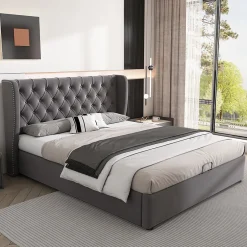 Generique Lit coffre 140x200 cm - Lit double avec sommier à lattes et Coffre hydraulique - Capitonné Velours - Sans Matelas - Gris