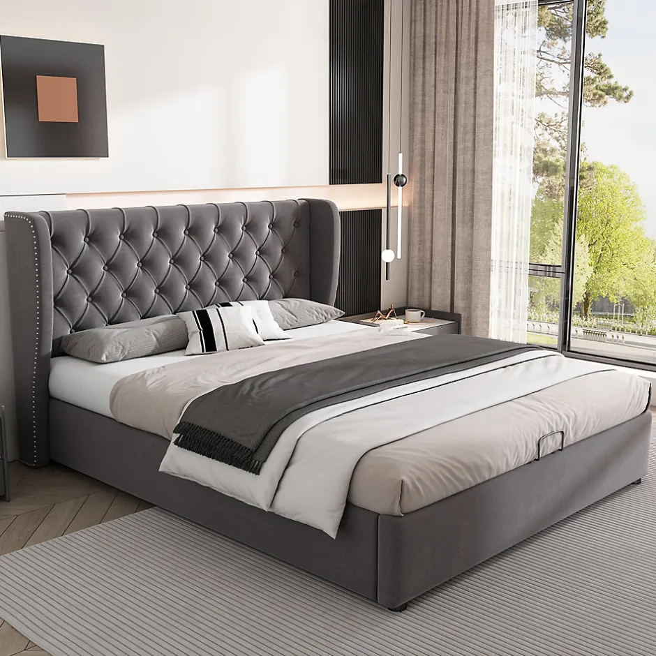 Generique Lit coffre 140x200 cm - Lit double avec sommier à lattes et Coffre hydraulique - Capitonné Velours - Sans Matelas - Gris