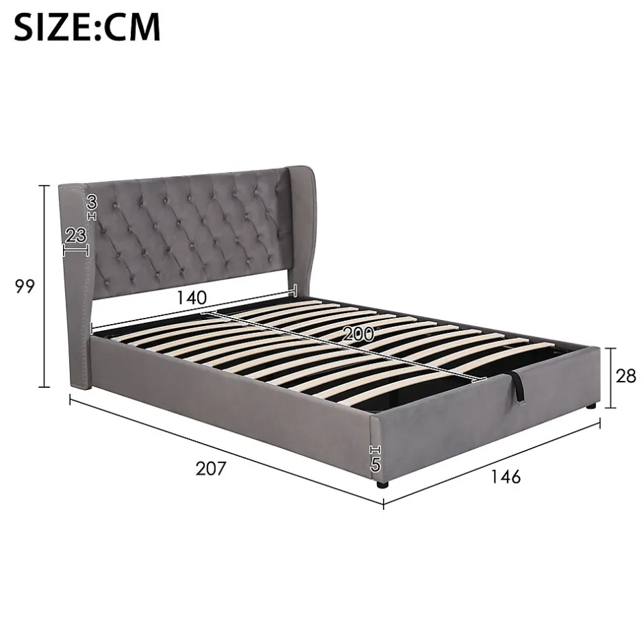 Generique Lit coffre 140x200 cm - Lit double avec sommier à lattes et Coffre hydraulique - Capitonné Velours - Sans Matelas - Gris