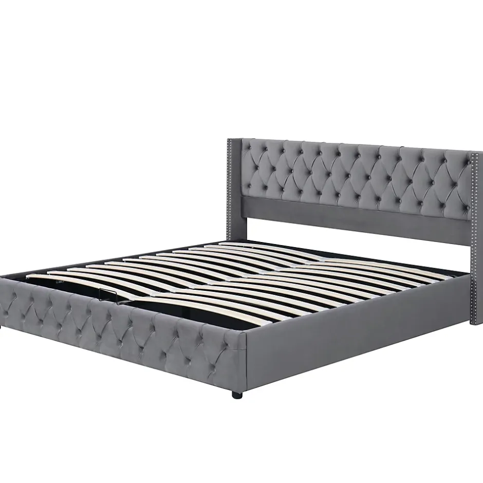 Okwish Lit Coffre 180x200 cm - Lit Double Capitonné avec Rangement Hydraulique, Velours, Sans Matelas, Gris Sale