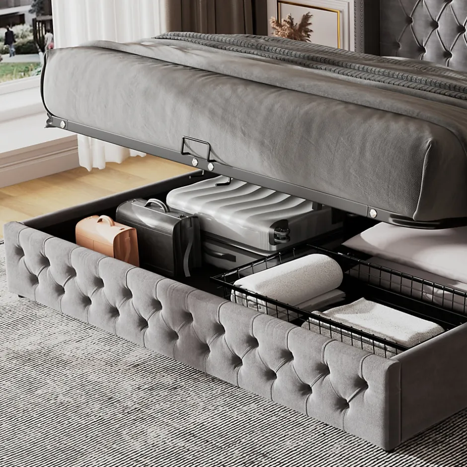 Okwish Lit Coffre 180x200 cm - Lit Double Capitonné avec Rangement Hydraulique, Velours, Sans Matelas, Gris Sale