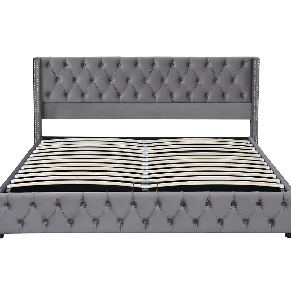 Okwish Lit Coffre 180x200 cm - Lit Double Capitonné avec Rangement Hydraulique, Velours, Sans Matelas, Gris Sale