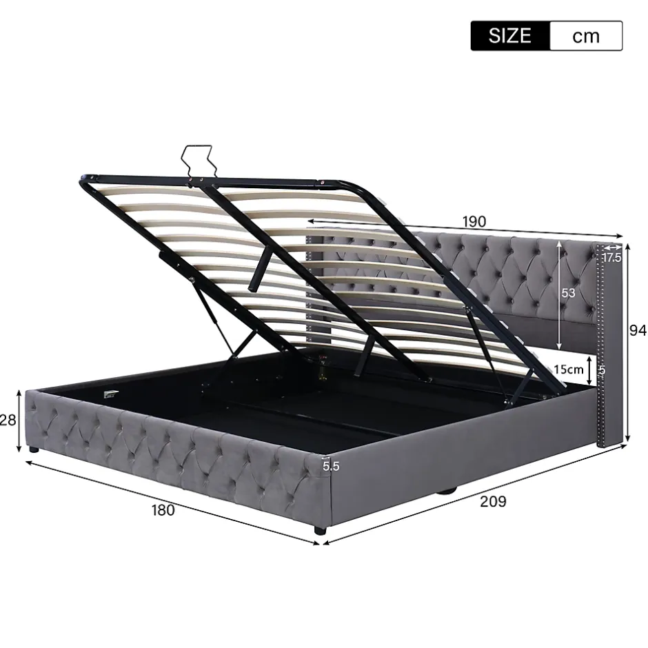 Okwish Lit Coffre 180x200 cm - Lit Double Capitonné avec Rangement Hydraulique, Velours, Sans Matelas, Gris Sale