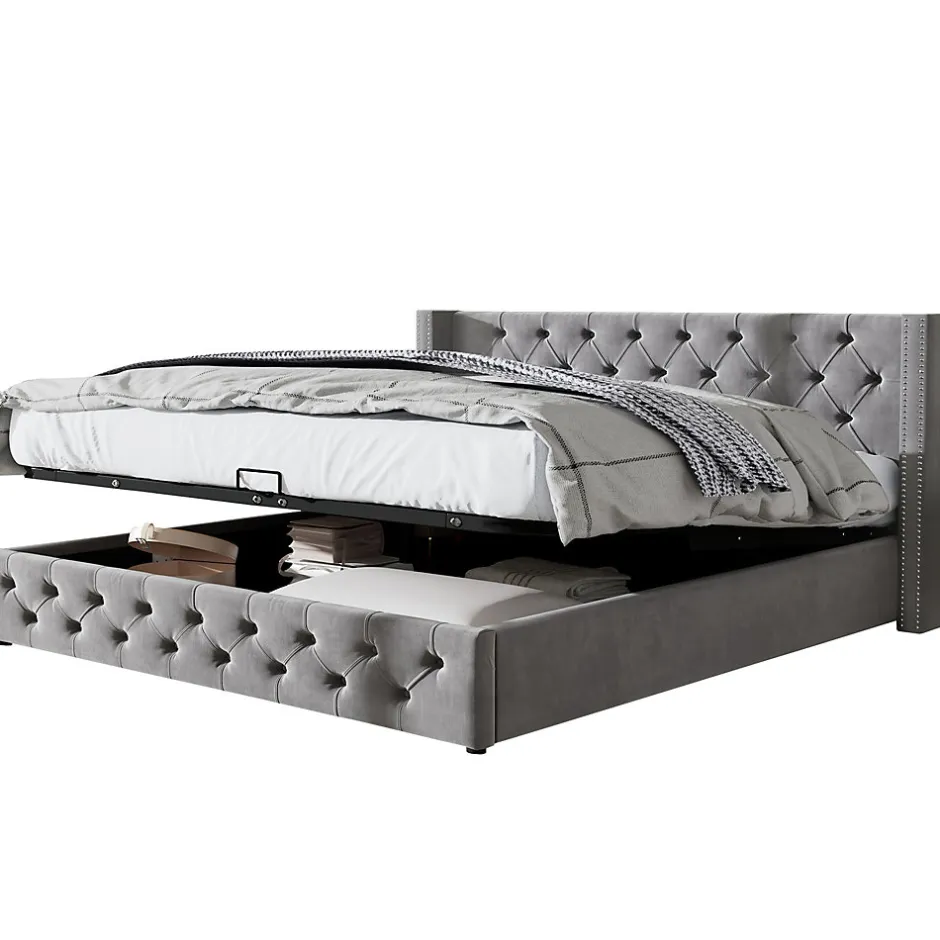 Okwish Lit Coffre 180x200 cm - Lit Double Capitonné avec Rangement Hydraulique, Velours, Sans Matelas, Gris Sale