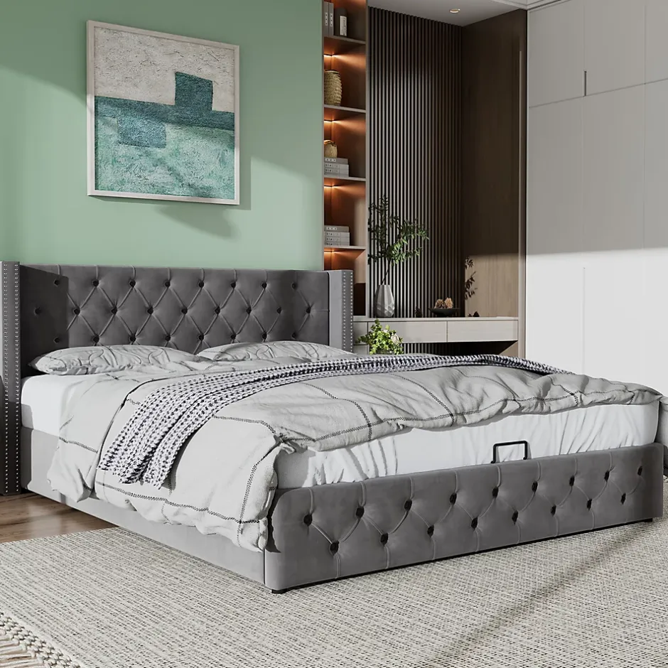Okwish Lit Coffre 180x200 cm - Lit Double Capitonné avec Rangement Hydraulique, Velours, Sans Matelas, Gris Sale