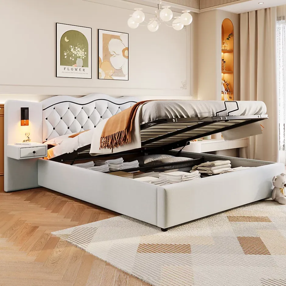 Okwish Lit Coffre 180x200 cm - Lit Double avec Tête de Lit Intégrée et 2 Lampes - Lin - Sans Matelas - Beige