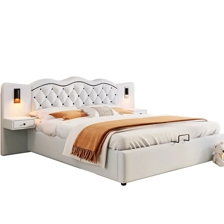 Okwish Lit Coffre 180x200 cm - Lit Double avec Tête de Lit Intégrée et 2 Lampes - Lin - Sans Matelas - Beige