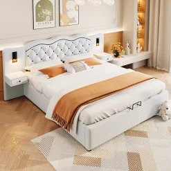 Okwish Lit Coffre 180x200 cm - Lit Double avec Tête de Lit Intégrée et 2 Lampes - Lin - Sans Matelas - Beige