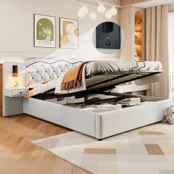 Okwish Lit Coffre 180x200 cm - Lit Double avec Tête de Lit Intégrée et 2 Lampes - Lin - Sans Matelas - Beige