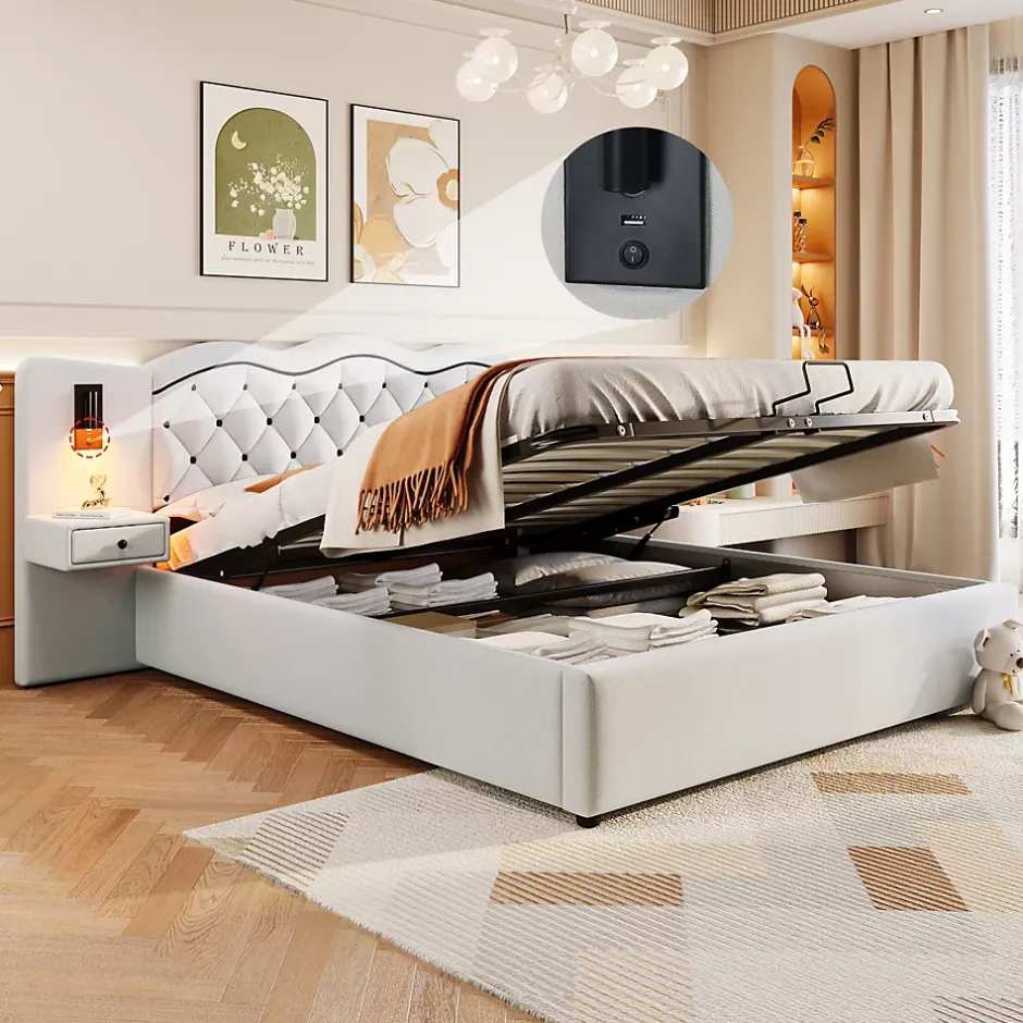 Okwish Lit Coffre 180x200 cm - Lit Double avec Tête de Lit Intégrée et 2 Lampes - Lin - Sans Matelas - Beige