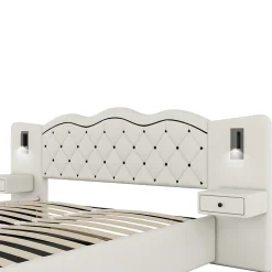 Okwish Lit Coffre 180x200 cm - Lit Double avec Tête de Lit Intégrée et 2 Lampes - Lin - Sans Matelas - Beige