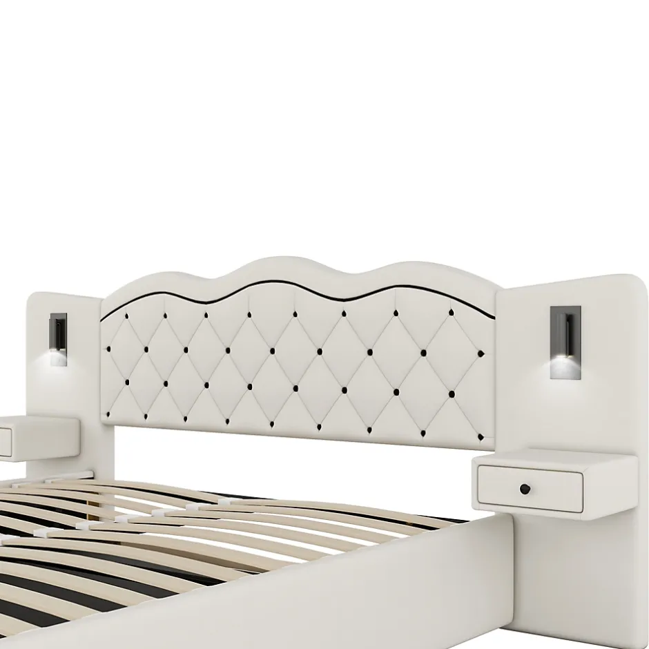 Okwish Lit Coffre 180x200 cm - Lit Double avec Tête de Lit Intégrée et 2 Lampes - Lin - Sans Matelas - Beige