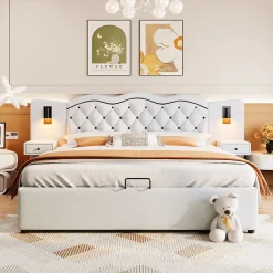 Okwish Lit Coffre 180x200 cm - Lit Double avec Tête de Lit Intégrée et 2 Lampes - Lin - Sans Matelas - Beige