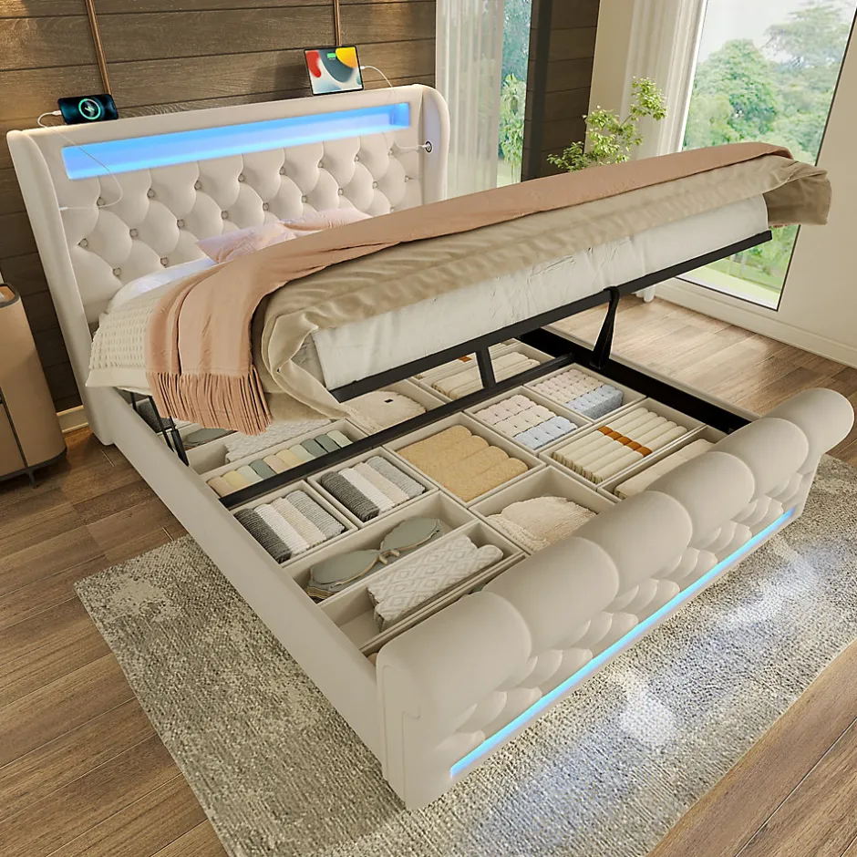 Okwish Lit Coffre 140x200 cm - Lit Double avec Éclairage LED et Prises USB/Type-C, en Velours Beige - Sans Matelas