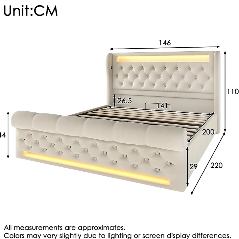 Okwish Lit Coffre 140x200 cm - Lit Double avec Éclairage LED et Prises USB/Type-C, en Velours Beige - Sans Matelas