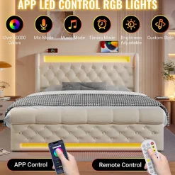 Okwish Lit Coffre 140x200 cm - Lit Double avec Éclairage LED et Prises USB/Type-C, en Velours Beige - Sans Matelas