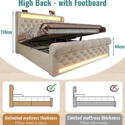 Okwish Lit Coffre 140x200 cm - Lit Double avec Éclairage LED et Prises USB/Type-C, en Velours Beige - Sans Matelas