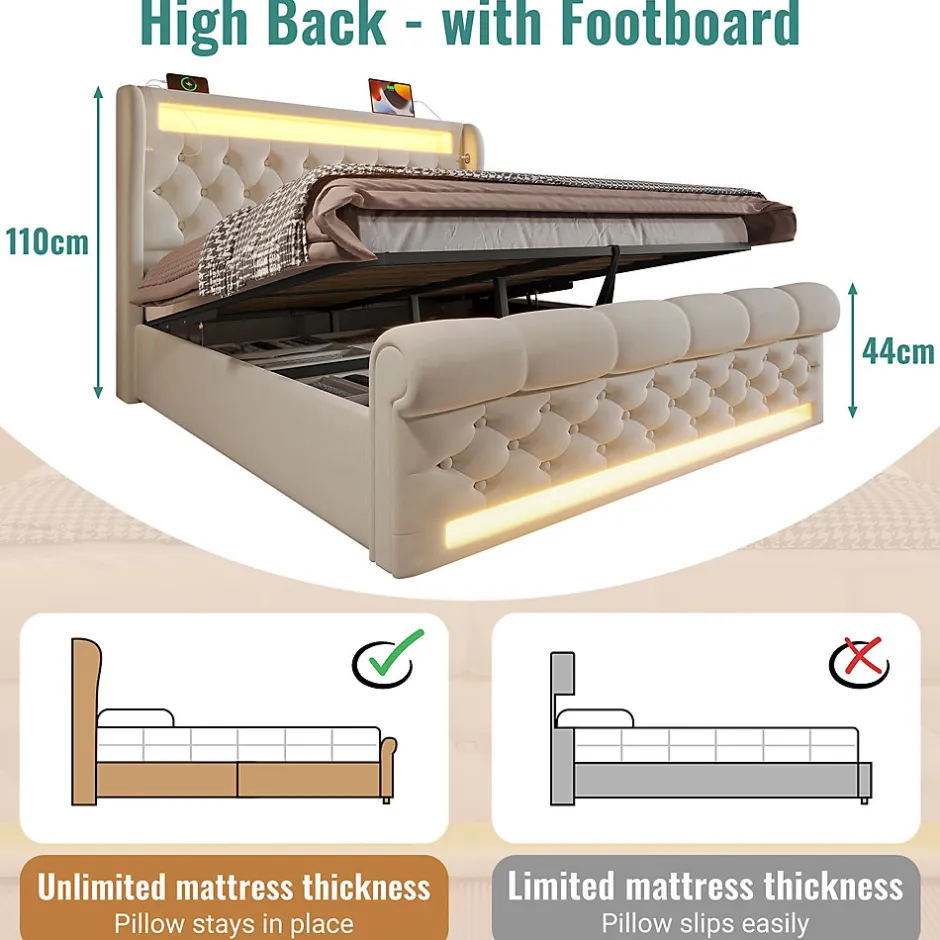 Okwish Lit Coffre 140x200 cm - Lit Double avec Éclairage LED et Prises USB/Type-C, en Velours Beige - Sans Matelas
