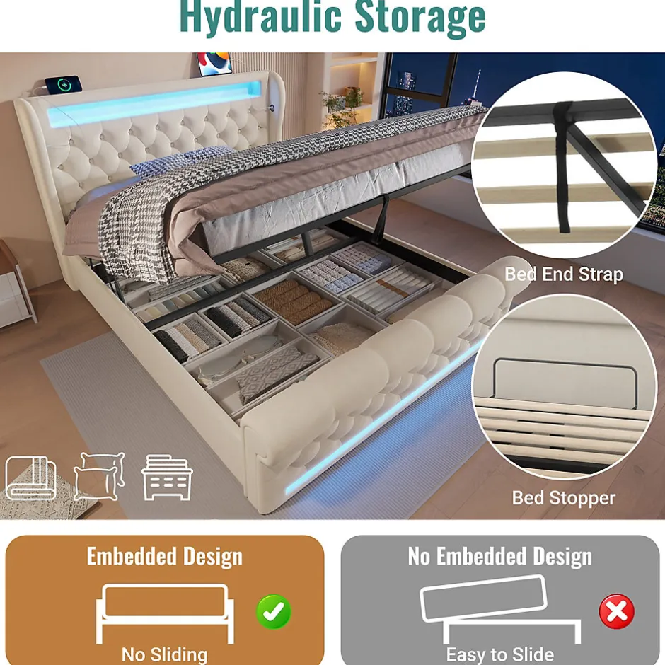 Okwish Lit Coffre 140x200 cm - Lit Double avec Éclairage LED et Prises USB/Type-C, en Velours Beige - Sans Matelas
