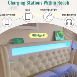 Okwish Lit Coffre 140x200 cm - Lit Double avec Éclairage LED et Prises USB/Type-C, en Velours Beige - Sans Matelas