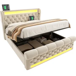 Okwish Lit Coffre 140x200 cm - Lit Double avec Éclairage LED et Prises USB/Type-C, en Velours Beige - Sans Matelas