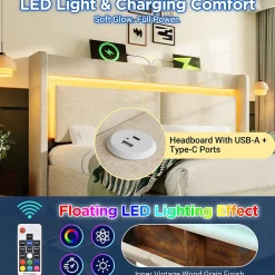 Okwish Lit Coffre 160x200 cm - Lit Double Rembourré avec LED et USB, Niche de Rangement, sans Matelas, en Lin Beige Best