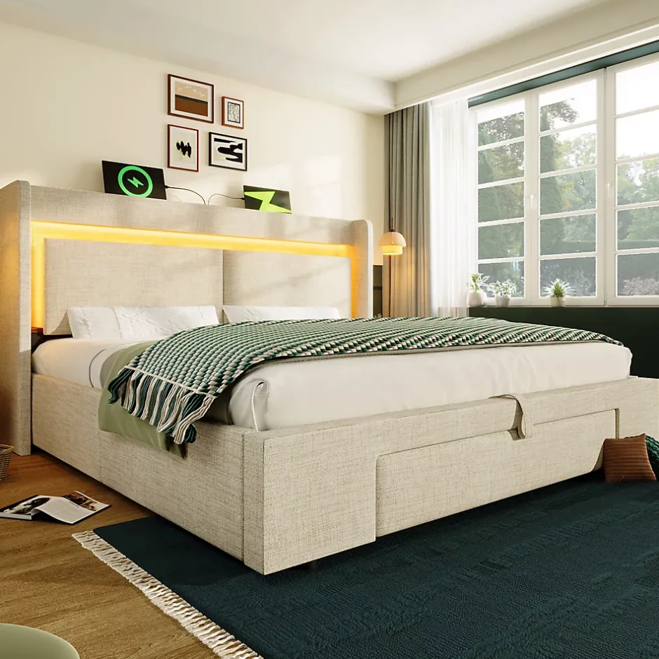 Okwish Lit Coffre 160x200 cm - Lit Double Rembourré avec LED et USB, Niche de Rangement, sans Matelas, en Lin Beige Best
