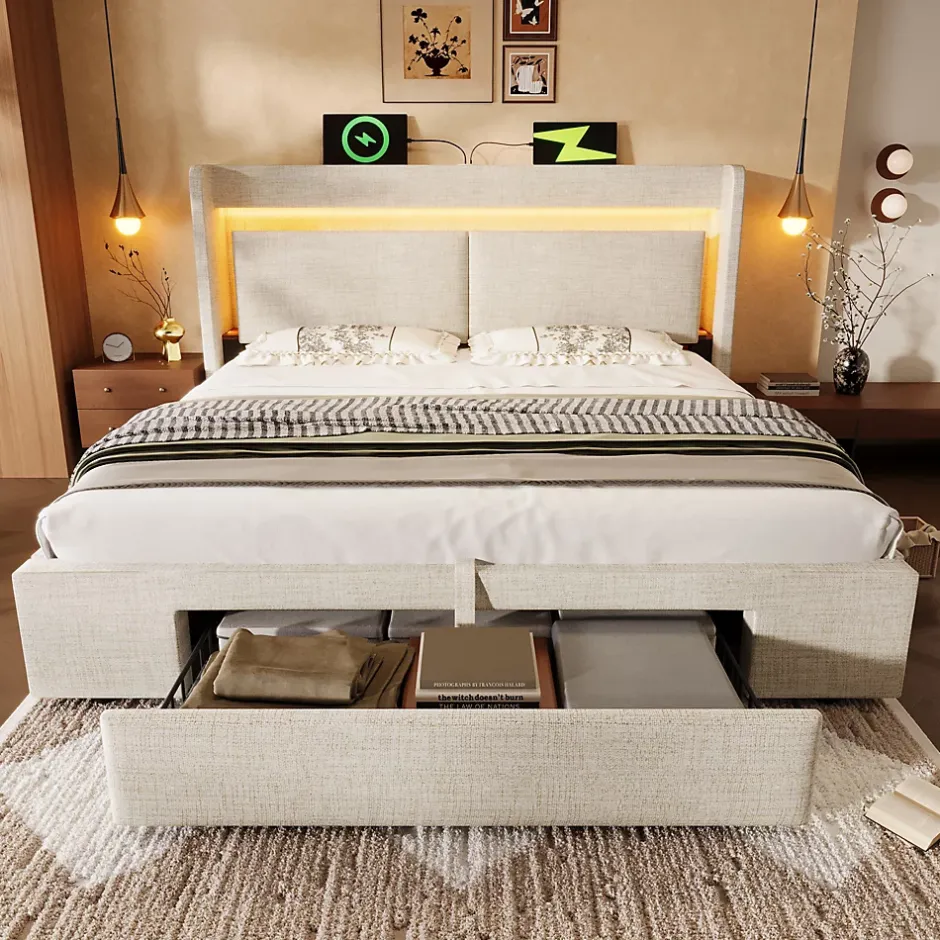 Okwish Lit Coffre 160x200 cm - Lit Double Rembourré avec LED et USB, Niche de Rangement, sans Matelas, en Lin Beige Best