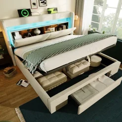 Okwish Lit Coffre 160x200 cm - Lit Double Rembourré avec LED et USB, Niche de Rangement, sans Matelas, en Lin Beige Best