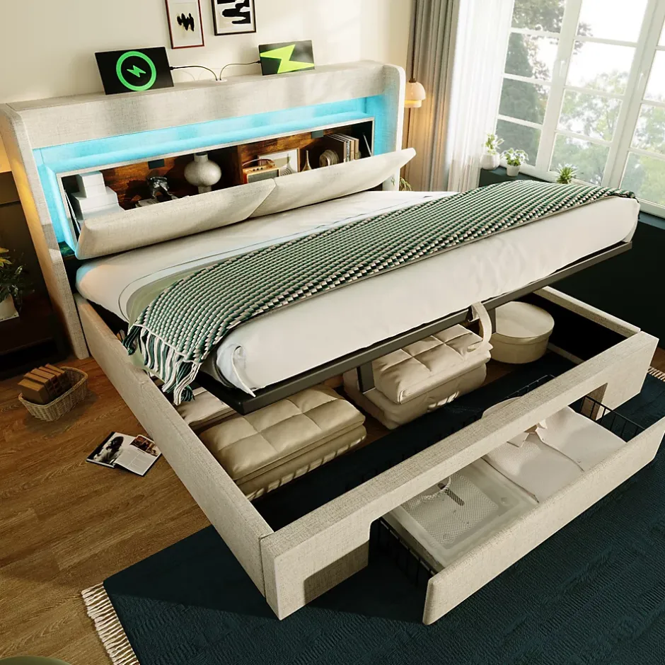 Okwish Lit Coffre 160x200 cm - Lit Double Rembourré avec LED et USB, Niche de Rangement, sans Matelas, en Lin Beige Best