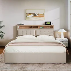 Okwish Lit coffre 160x200 cm - Lit double rembourré - Bois massif - Sans Matelas - Beige