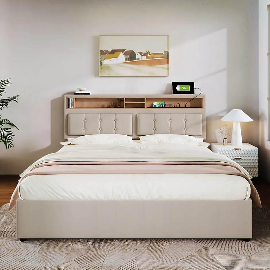 Okwish Lit coffre 160x200 cm - Lit double rembourré - Bois massif - Sans Matelas - Beige